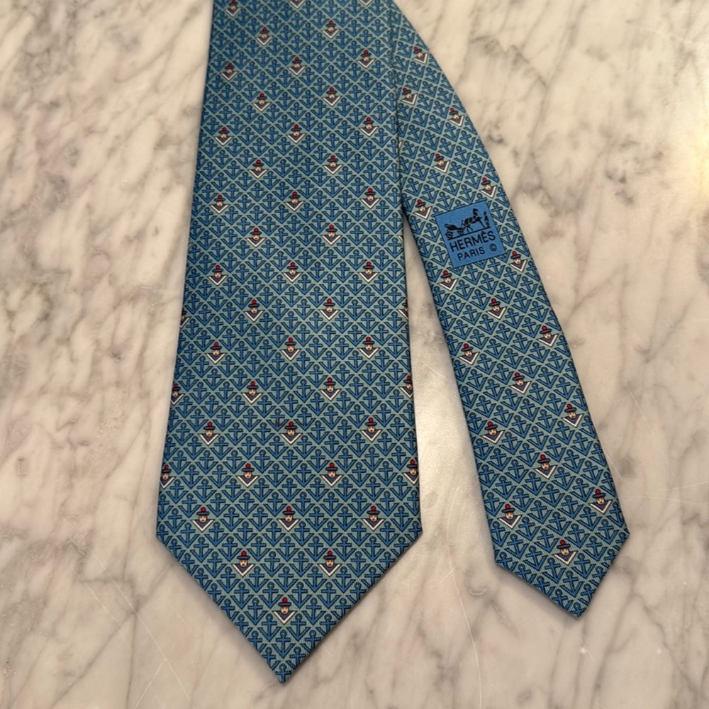 Hermes Blue and Red Geometric Men's Tie